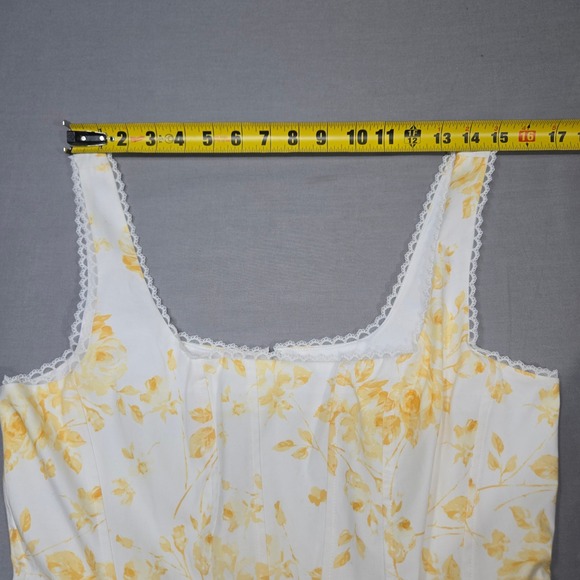 WAYF Desi Corset Midi Dress Small White Yellow Floral Lace Trim Milkmaid Size S - Picture 8 of 13